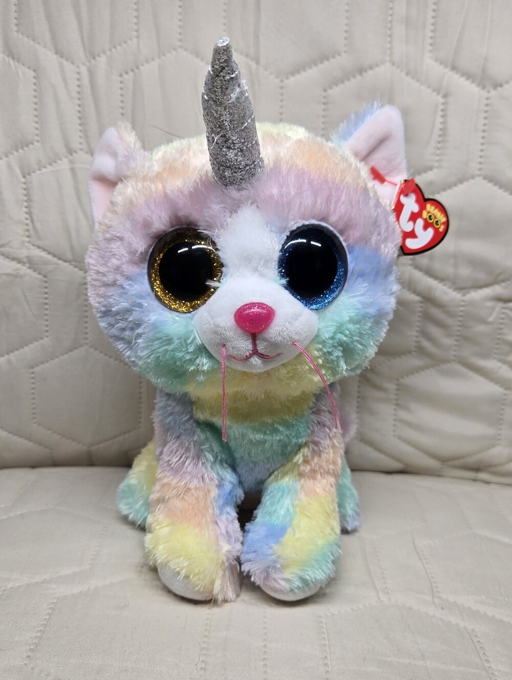 Ty Beanie Boos Heather the unicorn cat plush, in pastel color w/Silver horn-9in